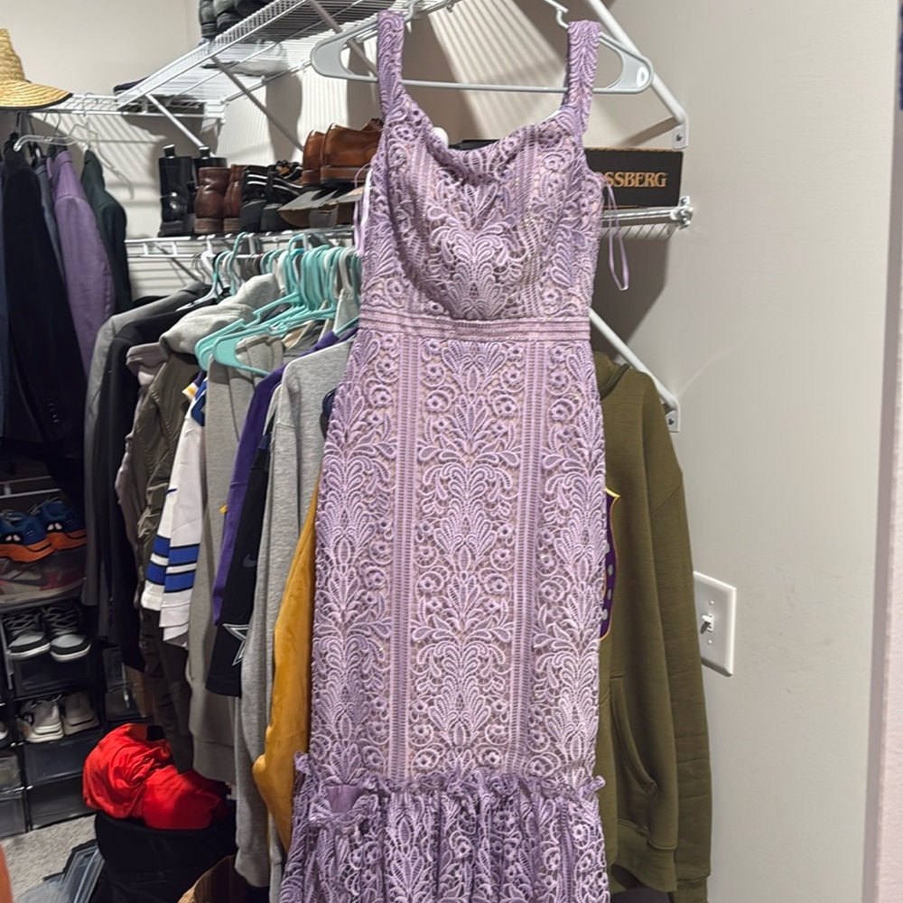 Colette Mon Cheri Mermaid Lilac Lavender Prom Dress Off Shoulder Straps, Lace